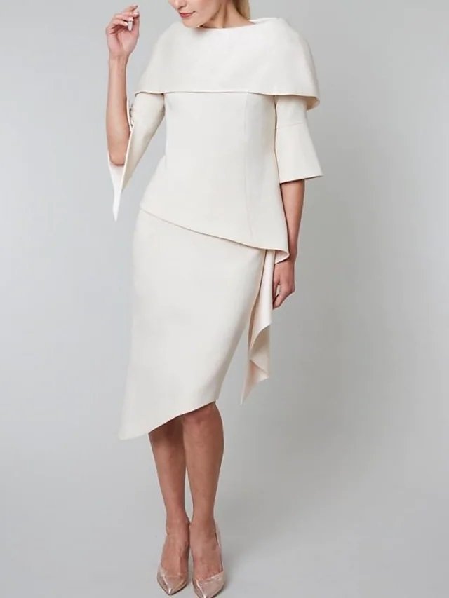 Sheath / Column Mother of the Bride Dress Elegant Jewel Neck Asymmetrical Satin 3/4 Length Sleeve with Cascading Ruffles
