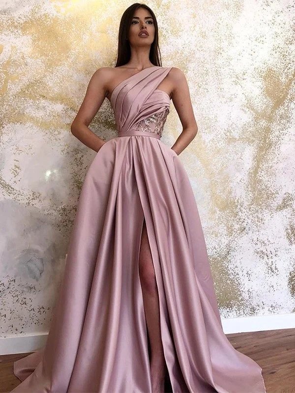 A-Line/Princess Satin Sleeveless Ruched One-Shoulder Sweep/Brush Train Dresses