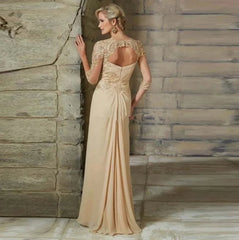 Champagne Mother Of The Bride Dresses A-line V-neck 3/4 Sleeves Chiffon Appliques Beaded Long Groom Mother Dresses For Wedding