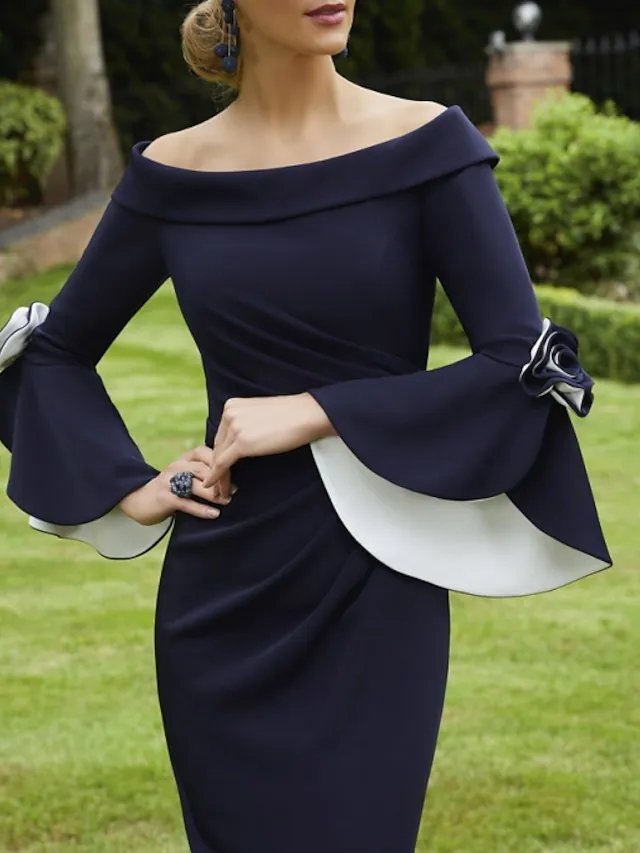 Sheath / Column Mother of the Bride Dress Elegant Off Shoulder Tea Length Stretch Fabric Long Sleeve with Ruching Flower