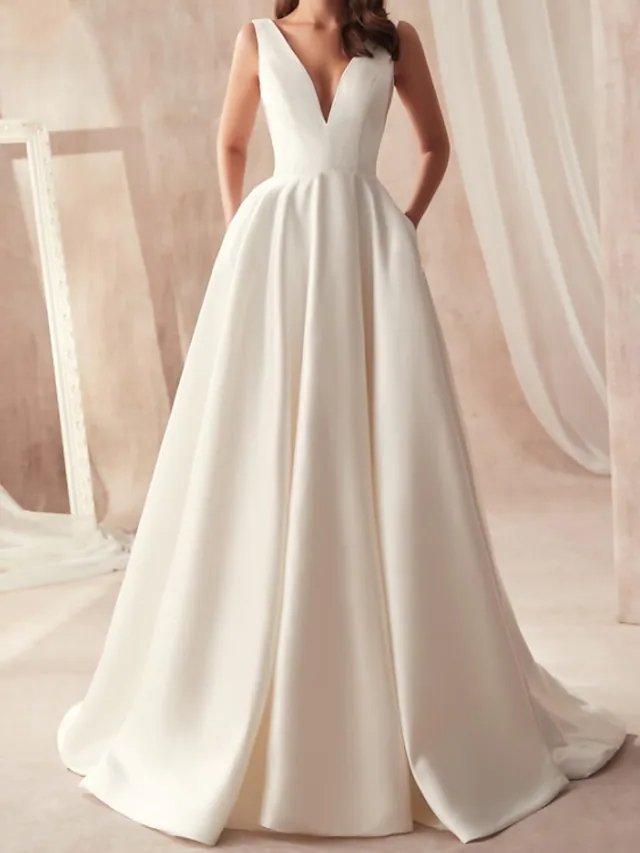 A-Line Wedding Dresses V Neck Floor Length Satin Sleeveless Simple