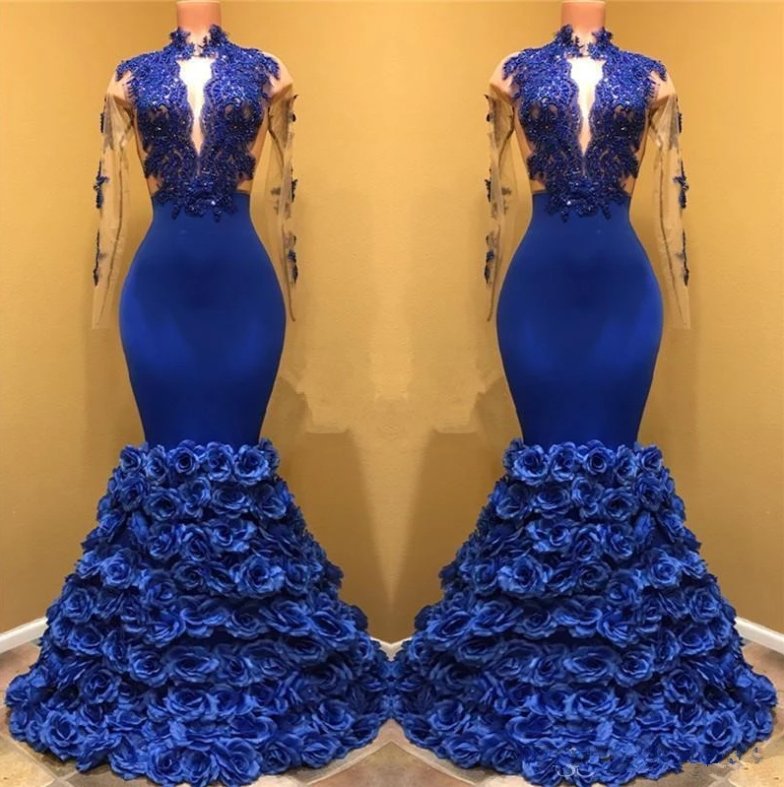Royal Blue Robe De Soiree Mermaid Long Sleeves Flowers Lace Beaded Sexy Long Party Prom Dresses Prom Gown Evening Dresses