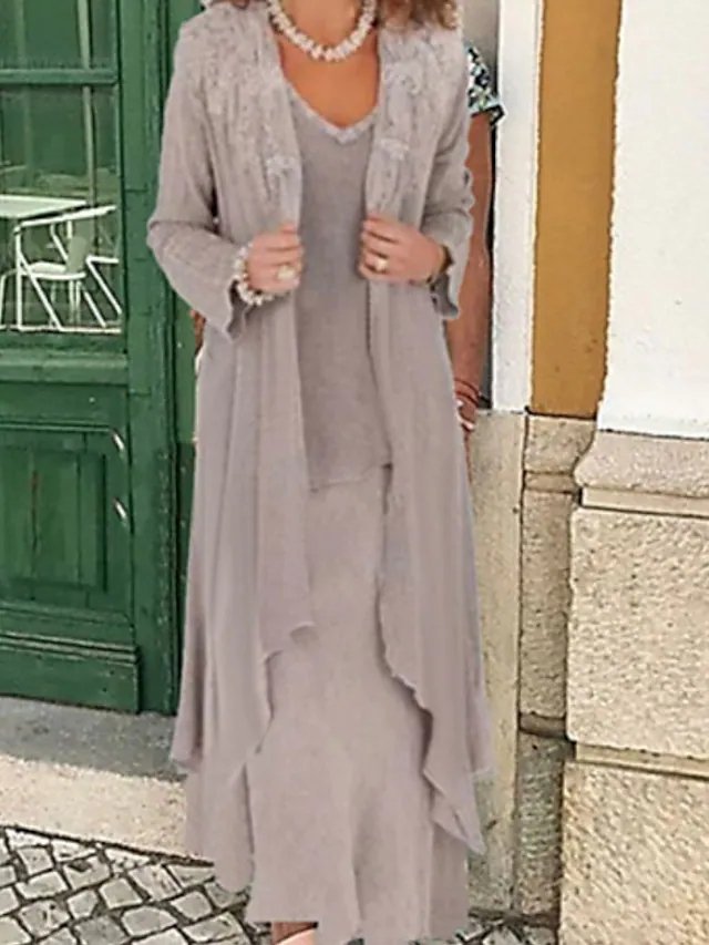 Two Piece A-Line Mother of the Bride Dress Wrap Included V Neck Floor Length Chiffon Long Sleeve with Appliques