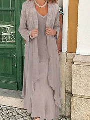 Two Piece A-Line Mother of the Bride Dress Wrap Included V Neck Floor Length Chiffon Long Sleeve with Appliques