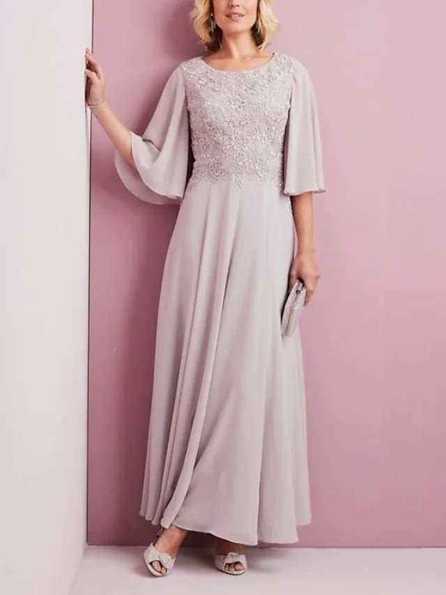 A-Line Mother of the Bride Dress Elegant Jewel Neck Ankle Length Chiffon Lace Half Sleeve with Pleats Embroidery