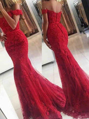 Trumpet/Mermaid Sleeveless Off-the-Shoulder Sweep/Brush Train Tulle Applique Dresses