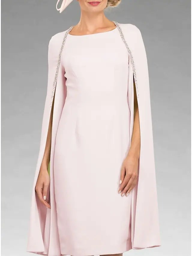 Sheath / Column Mother of the Bride Dress Elegant Jewel Neck Knee Length Chiffon 3/4 Length Sleeve with Sequin