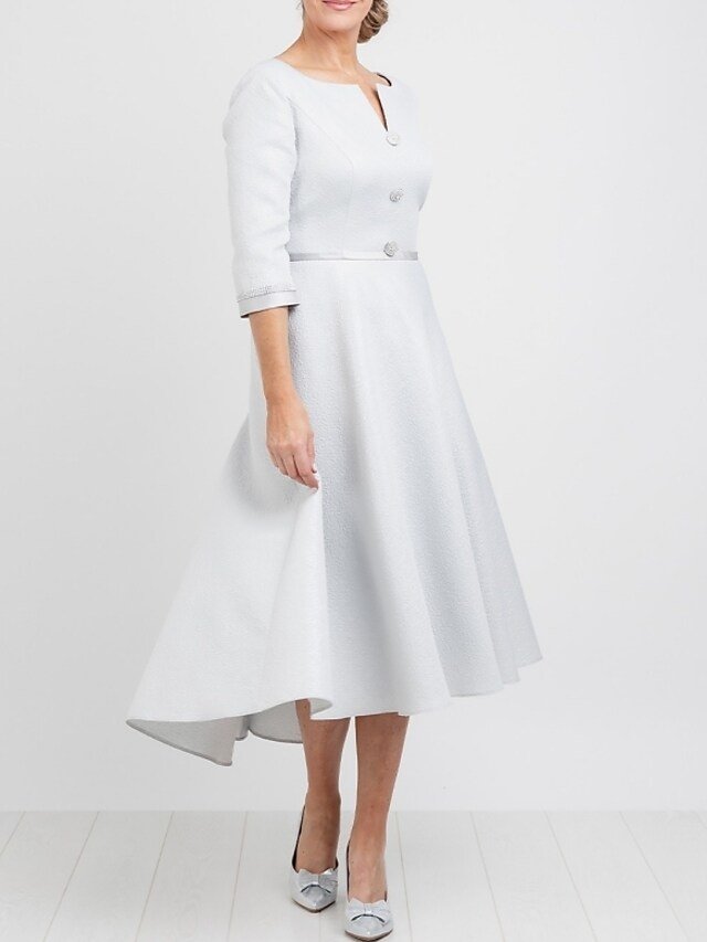 A-Line Mother of the Bride Dress Elegant Off Shoulder Tea Length Satin Half Sleeve with Pleats