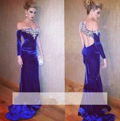 Blue Prom Dresses Mermaid One-shoulder Crystals Velvet Slit Long Prom Gown Evening Dresses Evening Gown Robe De Soiree