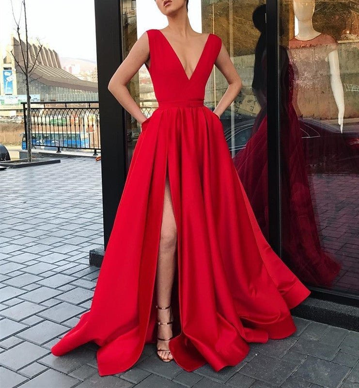 Plunge V-neck Long Satin Red Prom Dress Leg Split Evening Gowns