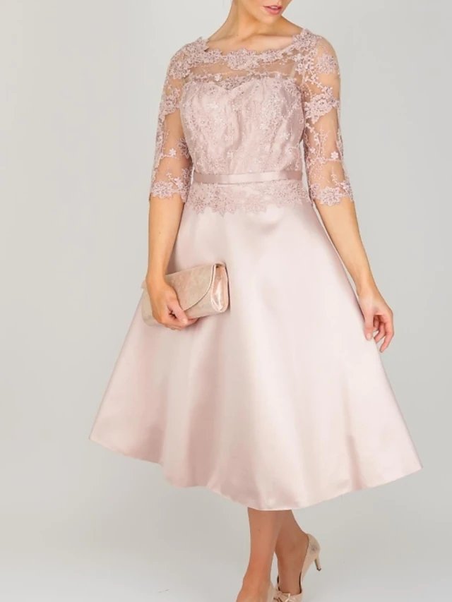 A-Line Mother of the Bride Dress Elegant Jewel Neck Tea Length Lace Satin 3/4 Length Sleeve with Embroidery
