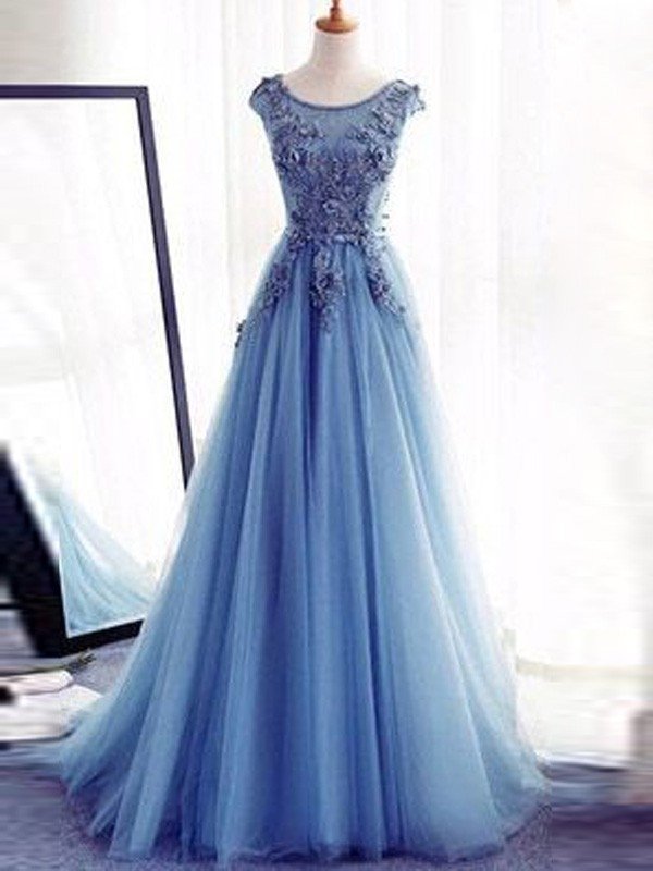 Ball Gown Sleeveless Jewel Sweep/Brush Train Applique Tulle Dresses