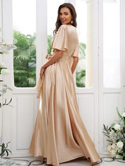 A-Line/Princess Silk like Satin Sash/Ribbon/Belt V-neck Short Sleeves Floor-Length Bridesmaid Dresses