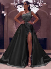 Ball Gown Sparkle Prom Dress One Shoulder Sleeveless Floor Length Satin with Bow(s) Sequin Split