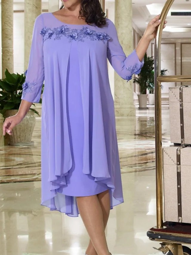 Two Piece A-Line Mother of the Bride Dress Elegant Jewel Neck Knee Length Chiffon 3/4 Length Sleeve with Pleats Appliques