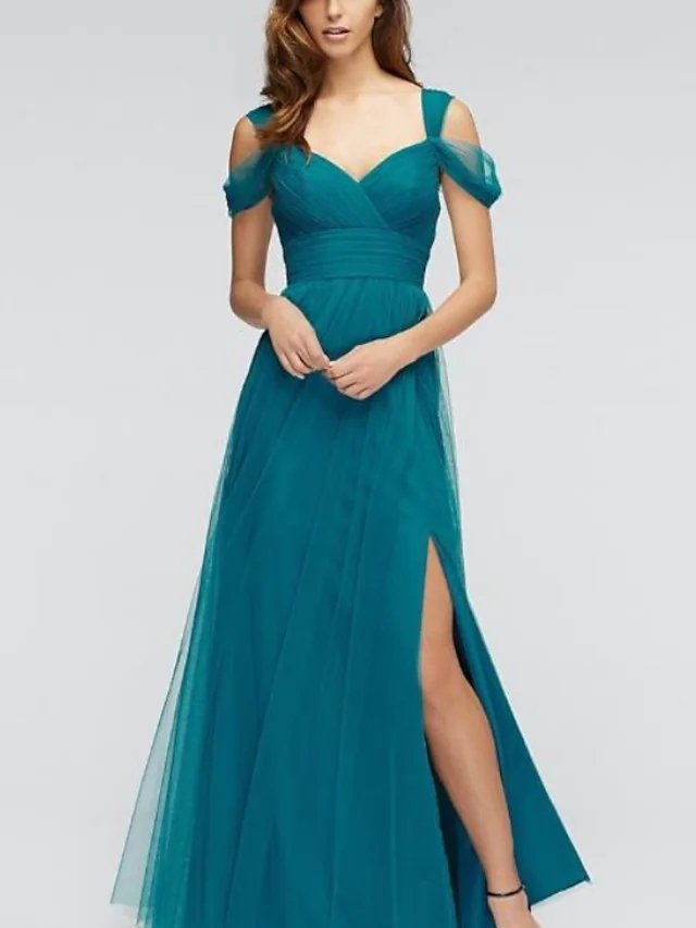 A-Line V Neck Floor Length Tulle Bridesmaid Dress with Split Front