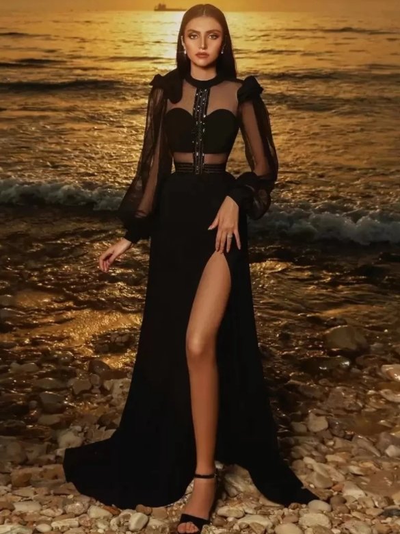 Black Evening Dresses A-line Long Sleeves Chiffon Beaded Slit Long Turkey Dubai Saudi Arabic Evening Gown Prom Dresses