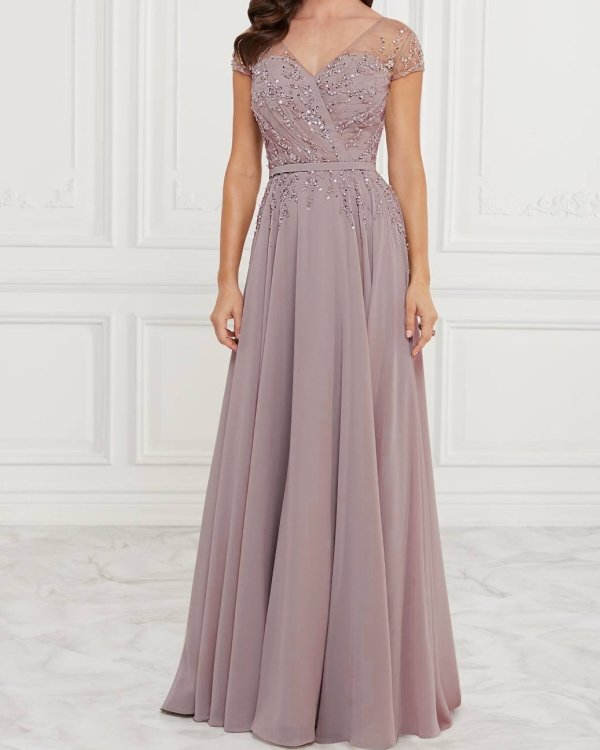 A-Line Mother of the Bride Dress Elegant V Neck Floor Length Chiffon Lace Sleeveless with Pleats Sequin