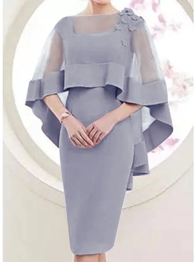 Sheath / Column Mother of the Bride Dress Elegant Square Neck Knee Length Satin Tulle 3/4 Length Sleeve with Appliques