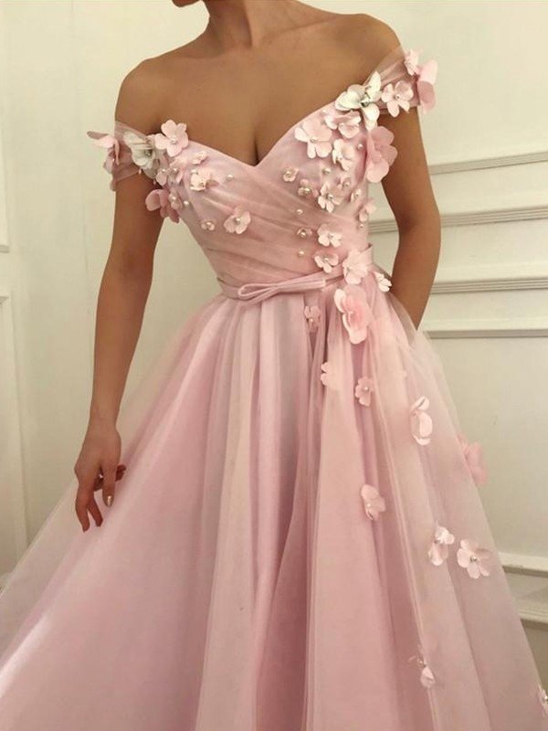 A-Line/Princess Sleeveless Off-the-Shoulder Floor-Length Applique Tulle Dresses