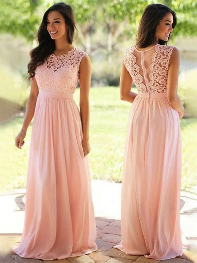 A-Line Jewel Neck Floor Length Chiffon / Lace Bridesmaid Dress with Sash / Ribbon / Pleats