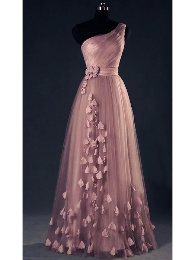 A-Line Elegant Floral Wedding Guest Prom Dress One Shoulder Sleeveless Floor Length Tulle with Appliques