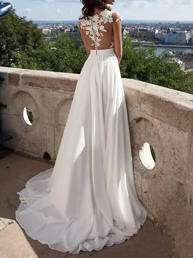 A-Line Wedding Dresses Jewel Neck Sweep / Brush Train Lace Stretch Satin Cap Sleeve Casual Beach Boho Plus Size with Draping Appliques