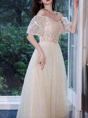 A-Line Elegant Engagement Prom Dress Off Shoulder Short Sleeve Floor Length Tulle with Appliques