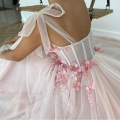 New Arrival Pink A-Line Flowers Prom Dress Elegant Puffy Straps Evening Dress Plus Size Pleated Long Party Dress