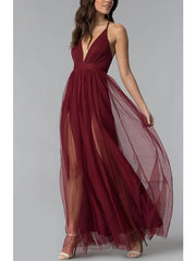 Sheath / Column Elegant Prom Dress Halter Neck Sleeveless Floor Length Tulle with Sash / Ribbon Pleats Split Front