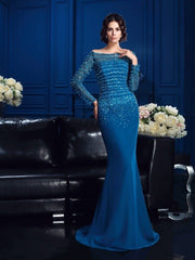 Sheath/Column Off-the-Shoulder Beading Long Sleeves Long Chiffon Mother of the Bride Dresses