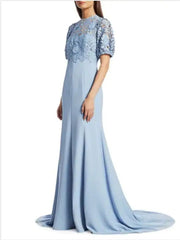 Sheath / Column Mother of the Bride Dress Elegant Jewel Neck Sweep / Brush Train Polyester Short Sleeve with Appliques