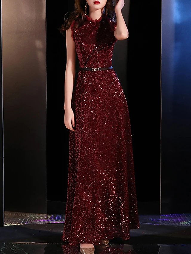 A-Line Sparkle Elegant Prom Formal Evening Dress Jewel Neck Sleeveless Floor Length Sequined with Sash / Ribbon Sequin