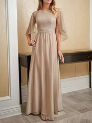 A-Line Mother of the Bride Dress Elegant Jewel Neck Floor Length Chiffon Lace 3/4 Length Sleeve with Beading