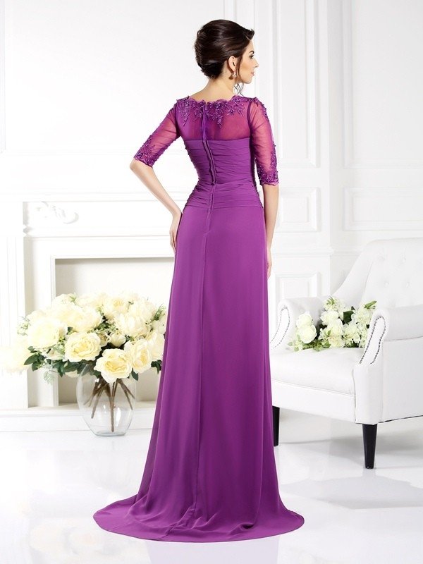 Sheath/Column Scoop Applique 1/2 Sleeves Long Chiffon Mother of the Bride Dresses