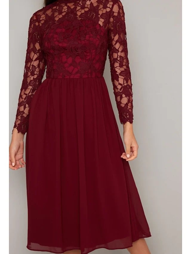 A-Line Mother of the Bride Dress Elegant High Neck Tea Length Chiffon Lace Long Sleeve with Lace Pleats