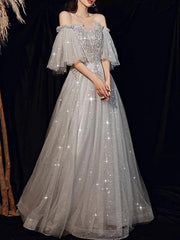 A-Line Glittering Elegant Engagement Formal Evening Dress Off Shoulder Half Sleeve Floor Length Tulle with Pleats Beading Sequin