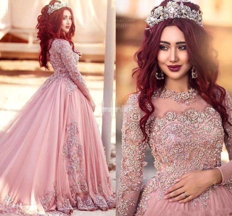 Pink Muslim Evening Dresses Ball Gown Long Sleeves Tulle Lace Beaded Islamic Dubai Saudi Arabic Long Formal Evening Gown