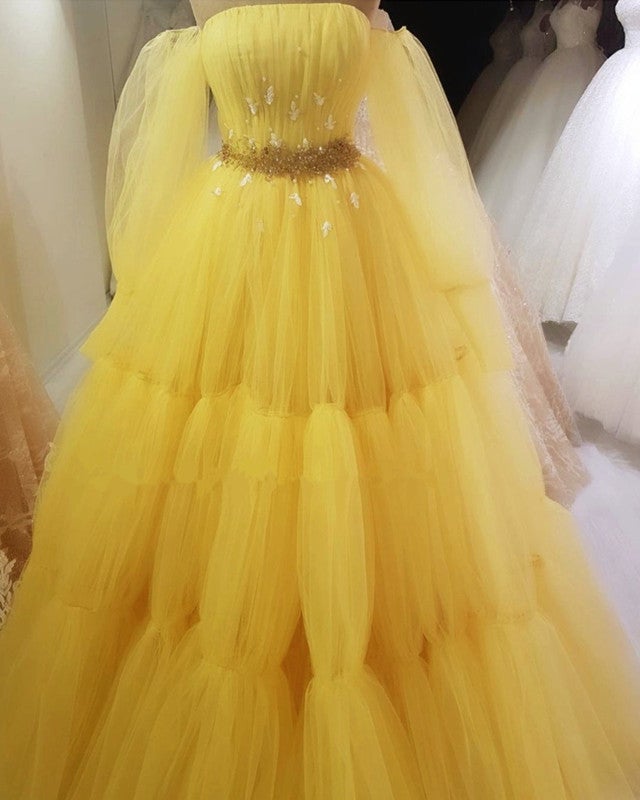 Yellow Princess Prom Dresses Strapless Ball Gown With Sleeves
