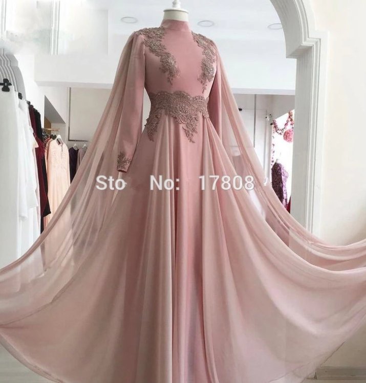 Pink Muslim Evening Dresses A-line Long Sleeves Chiffon Lace Beaded Islamic Dubai Saudi Arabic Long Formal Evening Gown