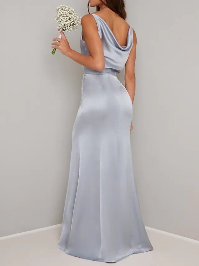 Sheath / Column V Neck Floor Length Satin Bridesmaid Dress with Ruching