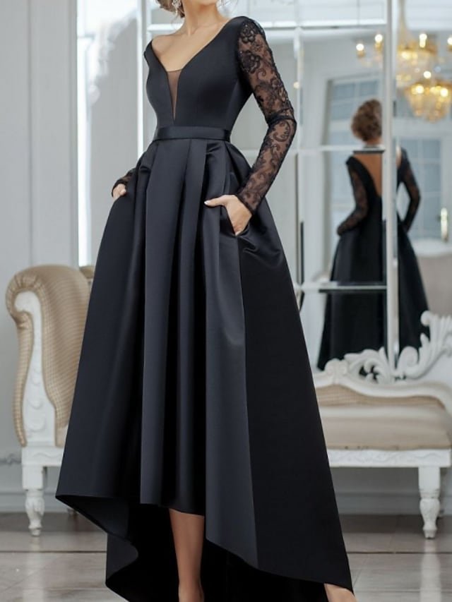 A-Line Minimalist Sexy Wedding Guest Formal Evening Dress V Neck Long Sleeve Asymmetrical Lace Satin with Pleats Lace Insert