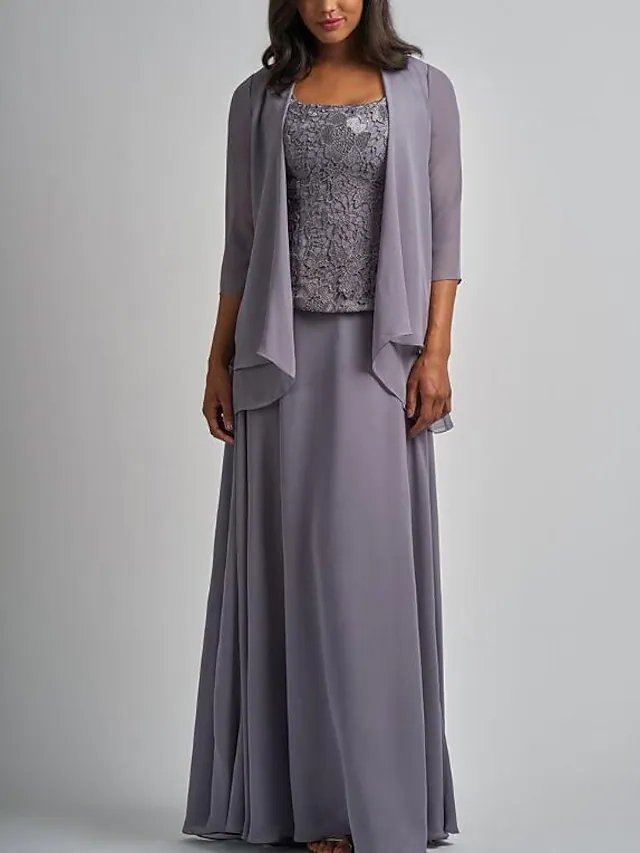 Two Piece A-Line Mother of the Bride Dress Elegant Wrap Included Square Neck Floor Length Chiffon Lace 3/4 Length Sleeve with Appliques