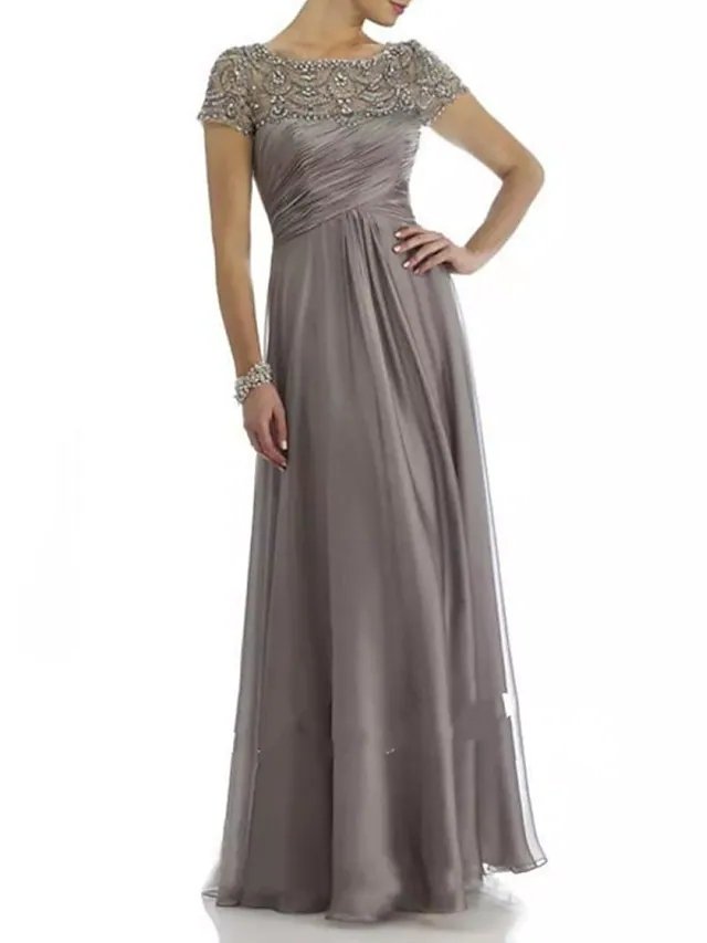 A-Line Mother of the Bride Dress Elegant Jewel Neck Floor Length Chiffon Satin Short Sleeve with Beading Sequin Draping