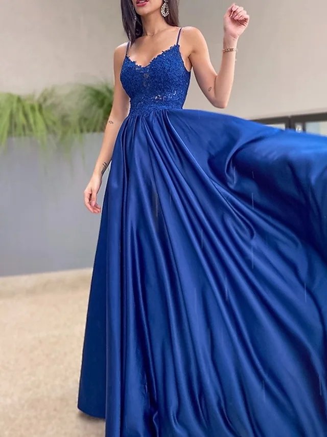 A-Line Minimalist Sexy Party Wear Prom Dress V Neck Spaghetti Strap Sleeveless Floor Length Lace Satin with Pleats Appliques