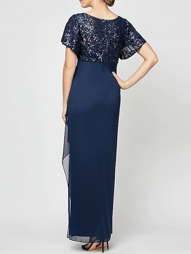 Sheath / Column Mother of the Bride Dress Elegant V Neck Floor Length Chiffon Sequined Short Sleeve with Sequin Ruching