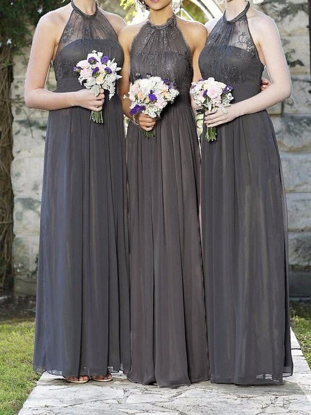 A-Line Bridesmaid Dress Halter Neck Sleeveless Elegant Floor Length Chiffon / Lace with Pleats / Appliques
