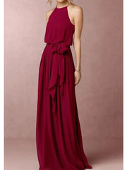 A-Line Bridesmaid Dress Halter Neck Sleeveless Elegant Floor Length Chiffon with Bow(s)