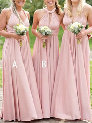 A-Line Bridesmaid Dress Halter Neck Sleeveless Sexy Floor Length Chiffon with Sash / Ribbon / Pleats
