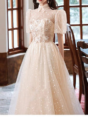 A-Line Bridesmaid Dress High Neck Short Sleeve Elegant Floor Length Tulle with Crystals / Appliques